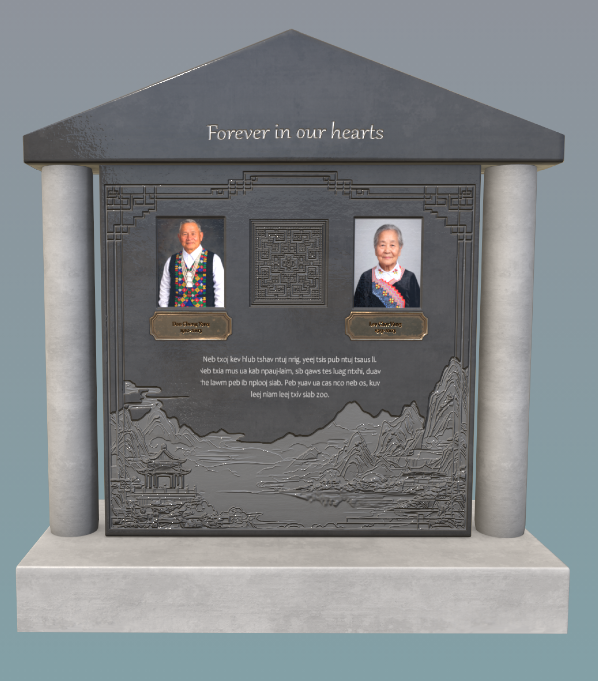Large family memorial with pillars, portraits, and carved landscape